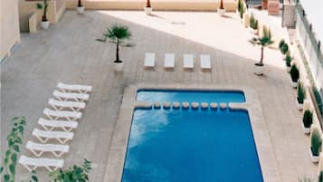 Seasonal outdoor pool, open 10:30 AM to 8:00 PM, sun loungers