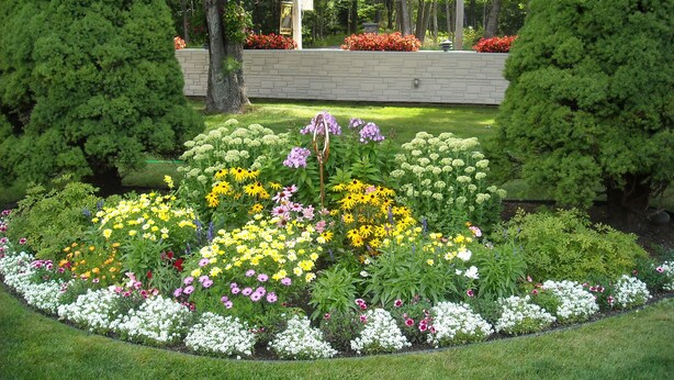 Un jardín bien cuidado con diversas plantas en flor y árboles cuidadosamente podados.
