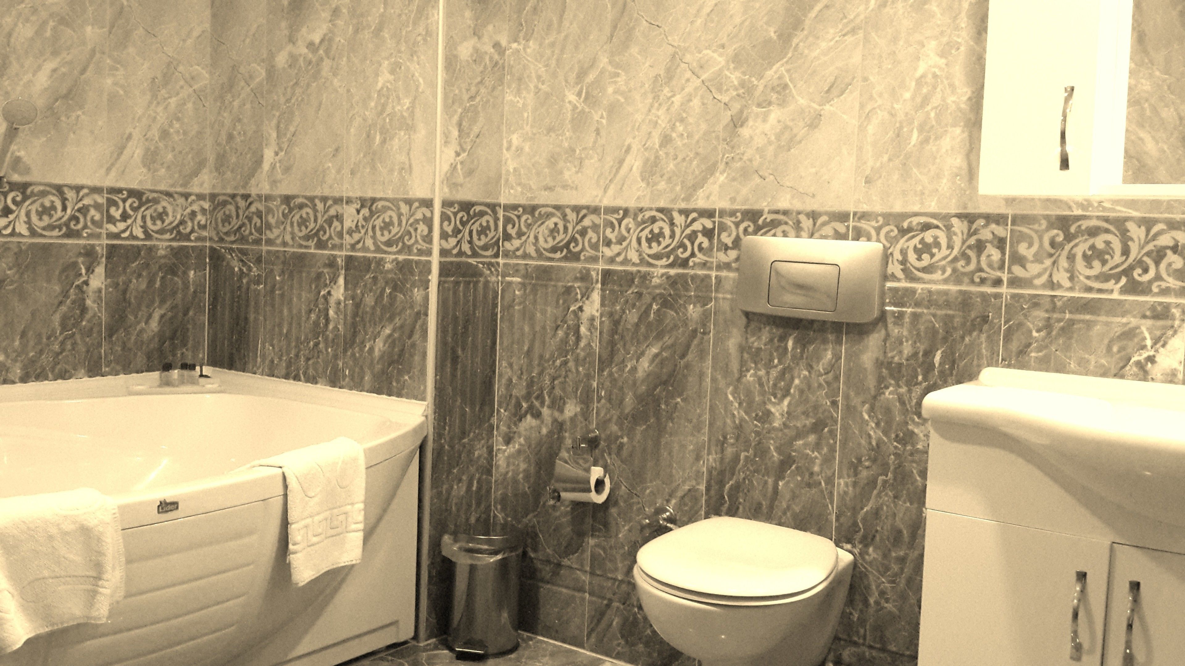 A bathroom with a bathtub, toilet, and a paper towel dispenser.