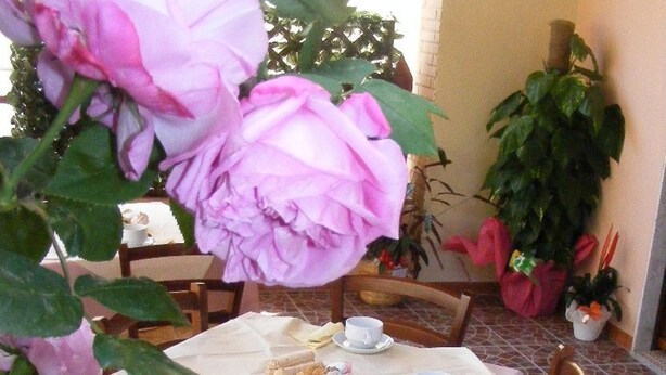 A table set for two with a white tablecloth, two chairs, and a potted plant in the background. - Sa Marina (Siniscola)