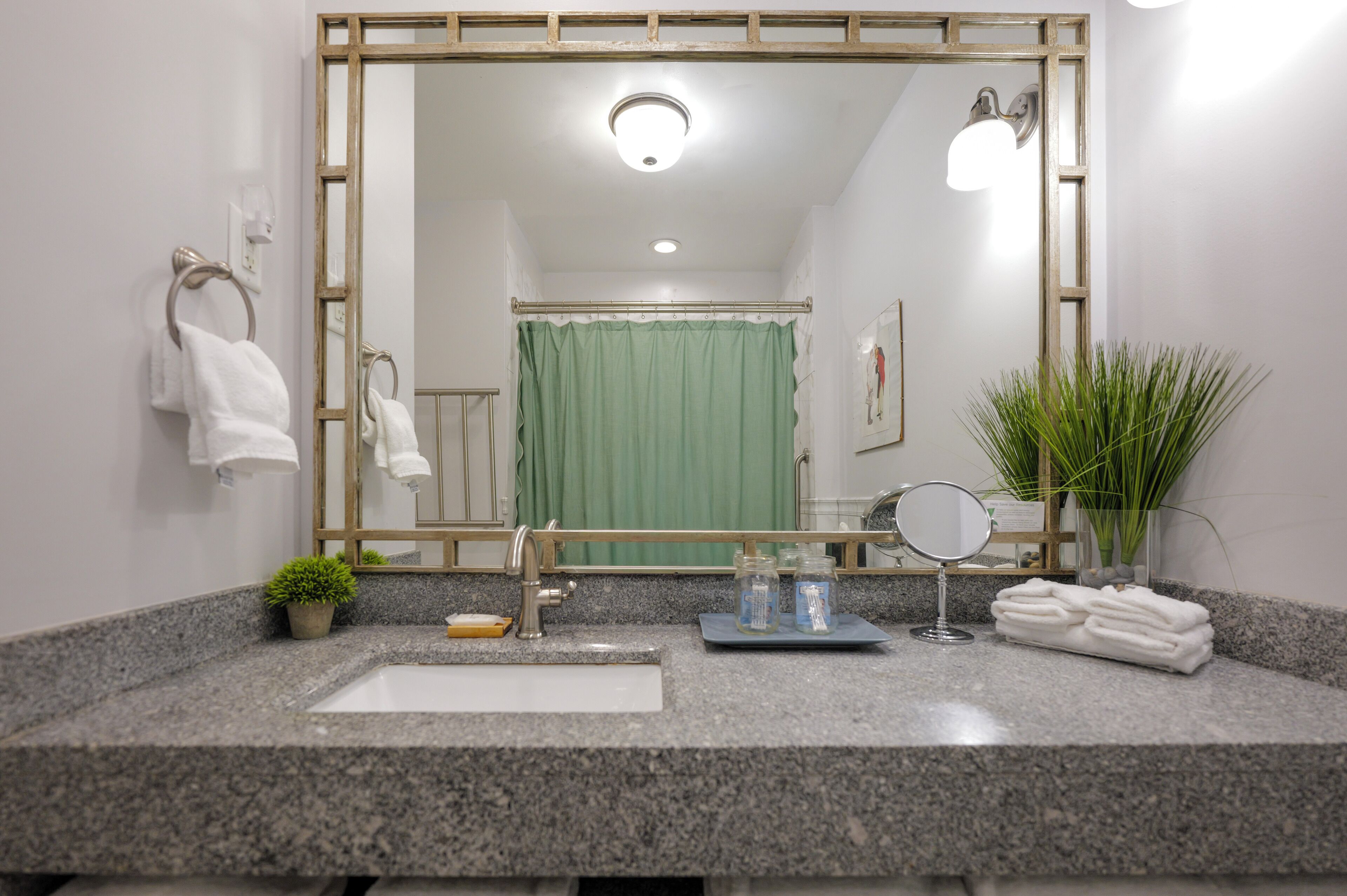 Un baño con encimera de granito, un lavabo, un espejo, un perchero para toallas, una planta en maceta y una cortina de ducha.