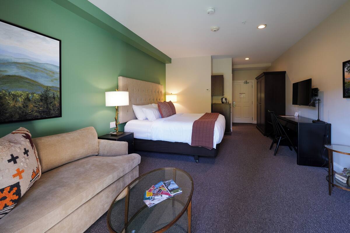 Una habitación de hotel con una cama, un sofá, un escritorio y una televisión.