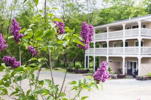 A building with a two-story balcony and a garden with purple flowers.