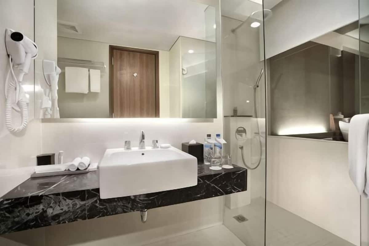 Une salle de bain moderne avec un grand miroir, un lavabo blanc, une douche en verre et un sèche-cheveux posé sur le comptoir.