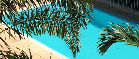 Piscine extérieure, parasols de plage, chaises longues