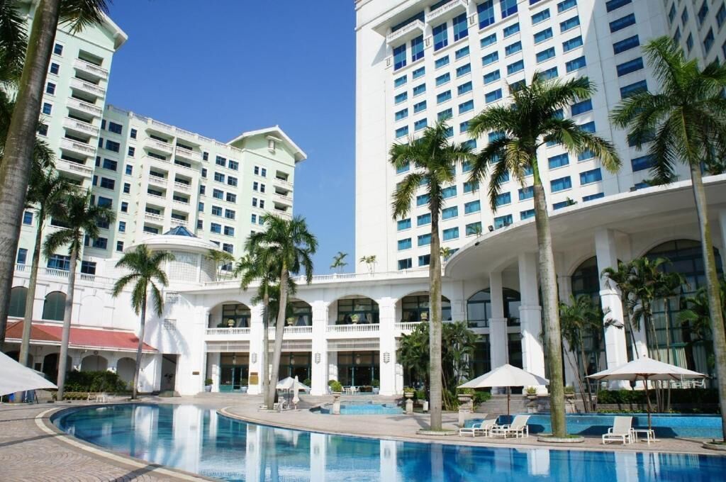 Outdoor pool, pool umbrellas, pool loungers