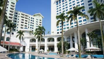 Outdoor pool, pool umbrellas, pool loungers