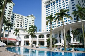 Outdoor pool, pool umbrellas, pool loungers