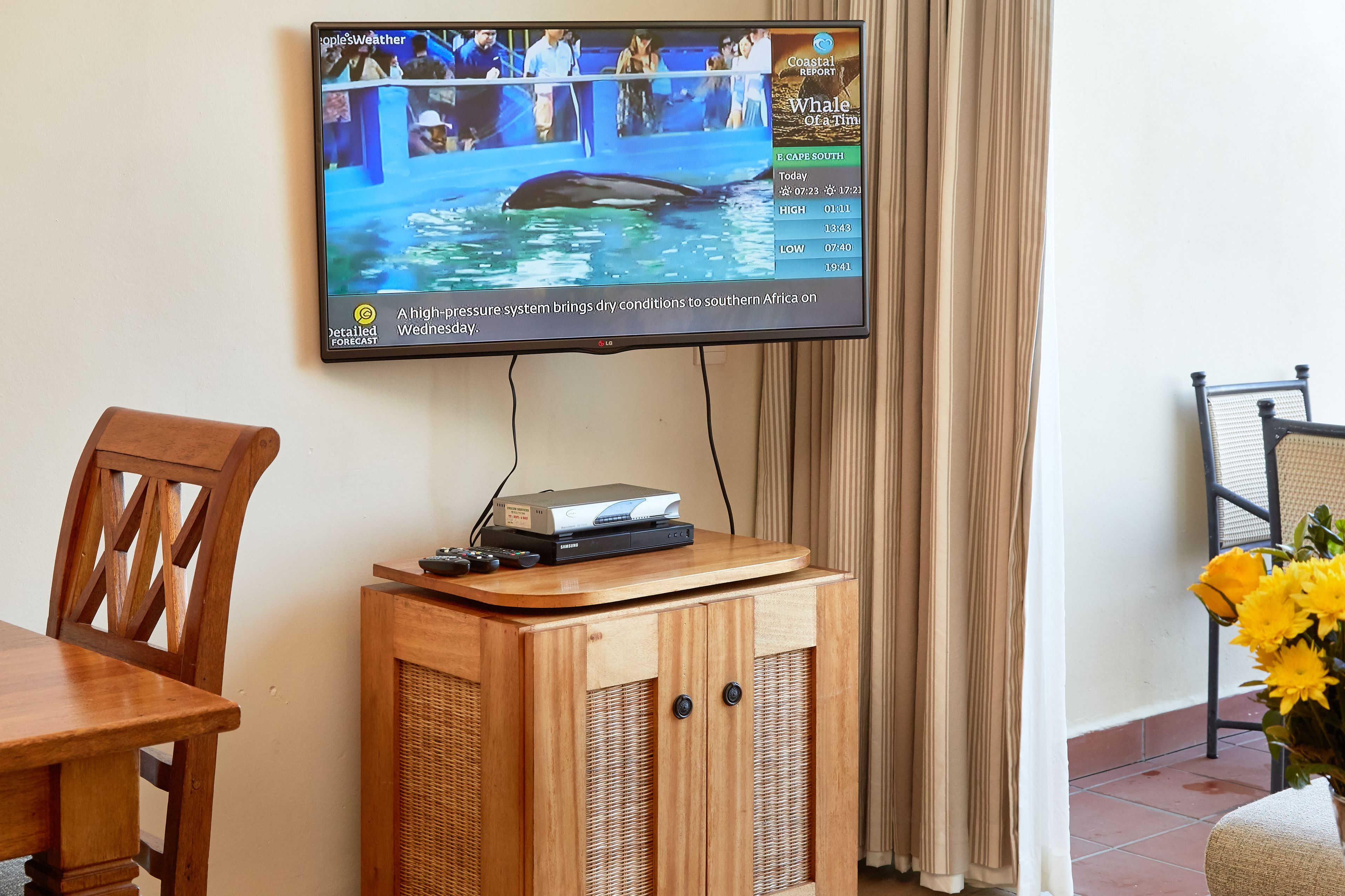 A television mounted on a wall displaying a weather forecast.