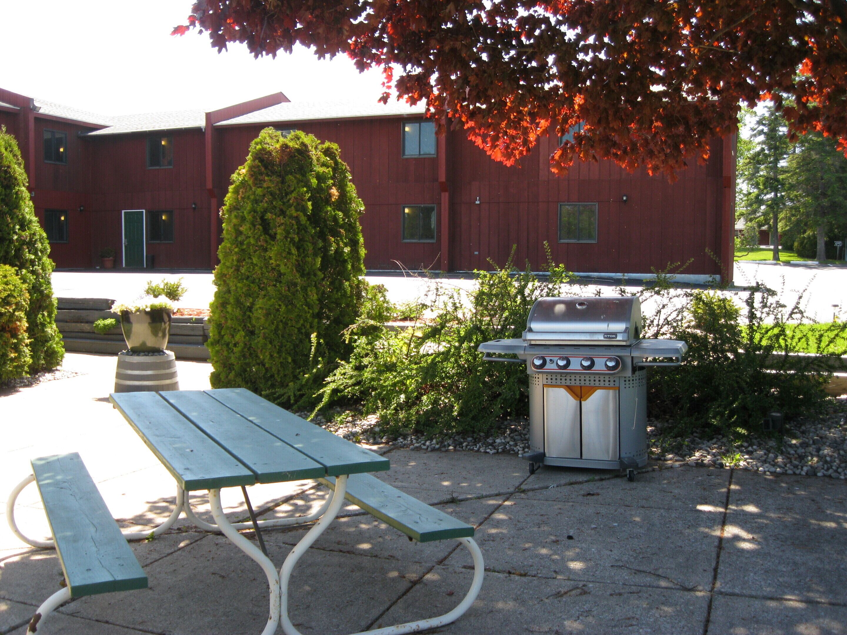 A picnic table with a grill in front of a building with red siding and green windows.