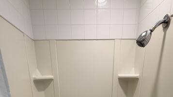 Eine Duschkabine mit Duschkopf, Glastür und zwei Ablagen.