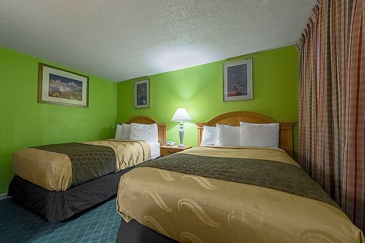 Une chambre d’hôtel avec deux lits, des murs verts et un rideau à rayures.