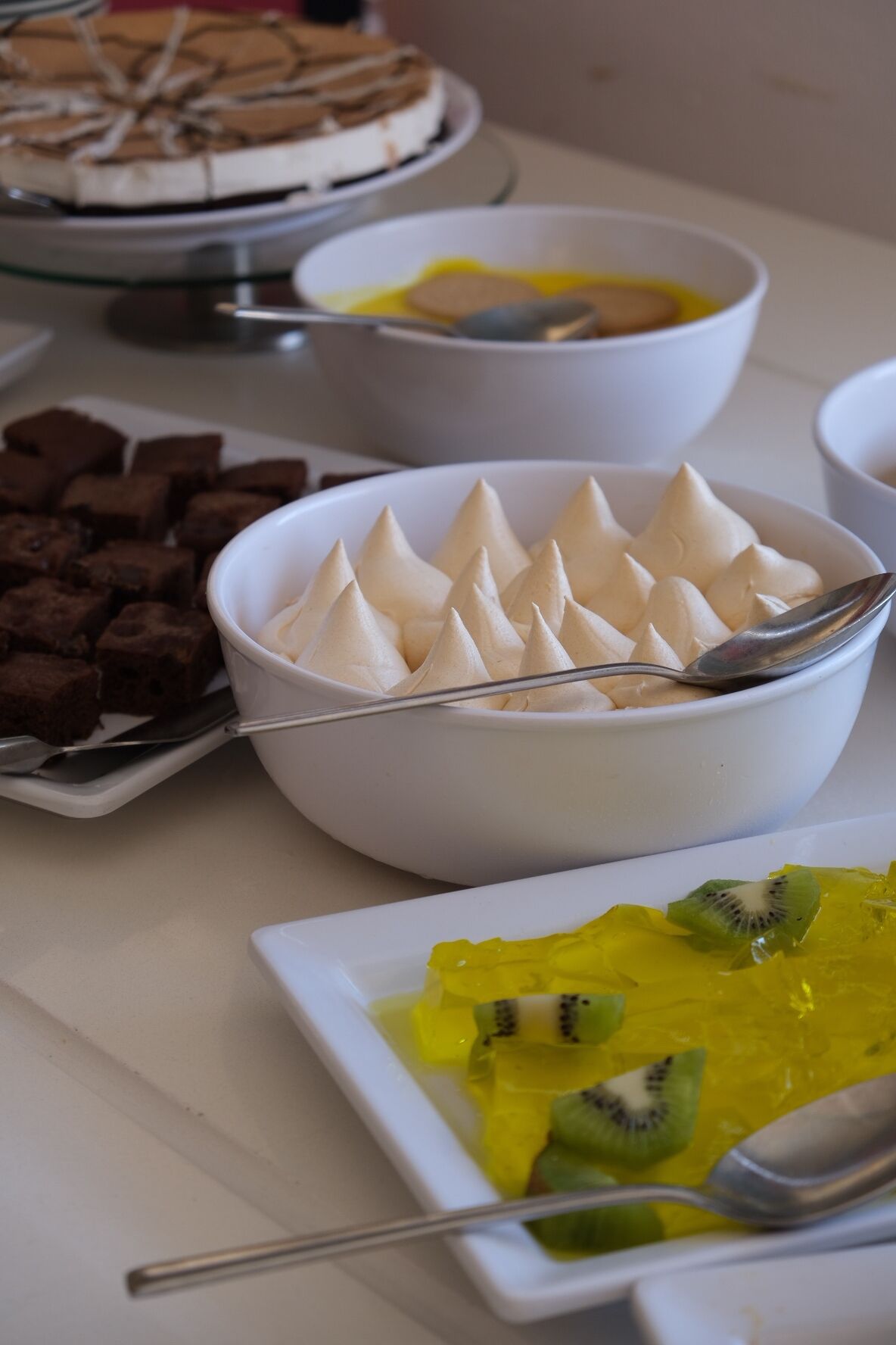 A buffet table with various dishes including a bowl of white confections, a plate of chocolate, and a dish with yellow jelly and kiwi slices.