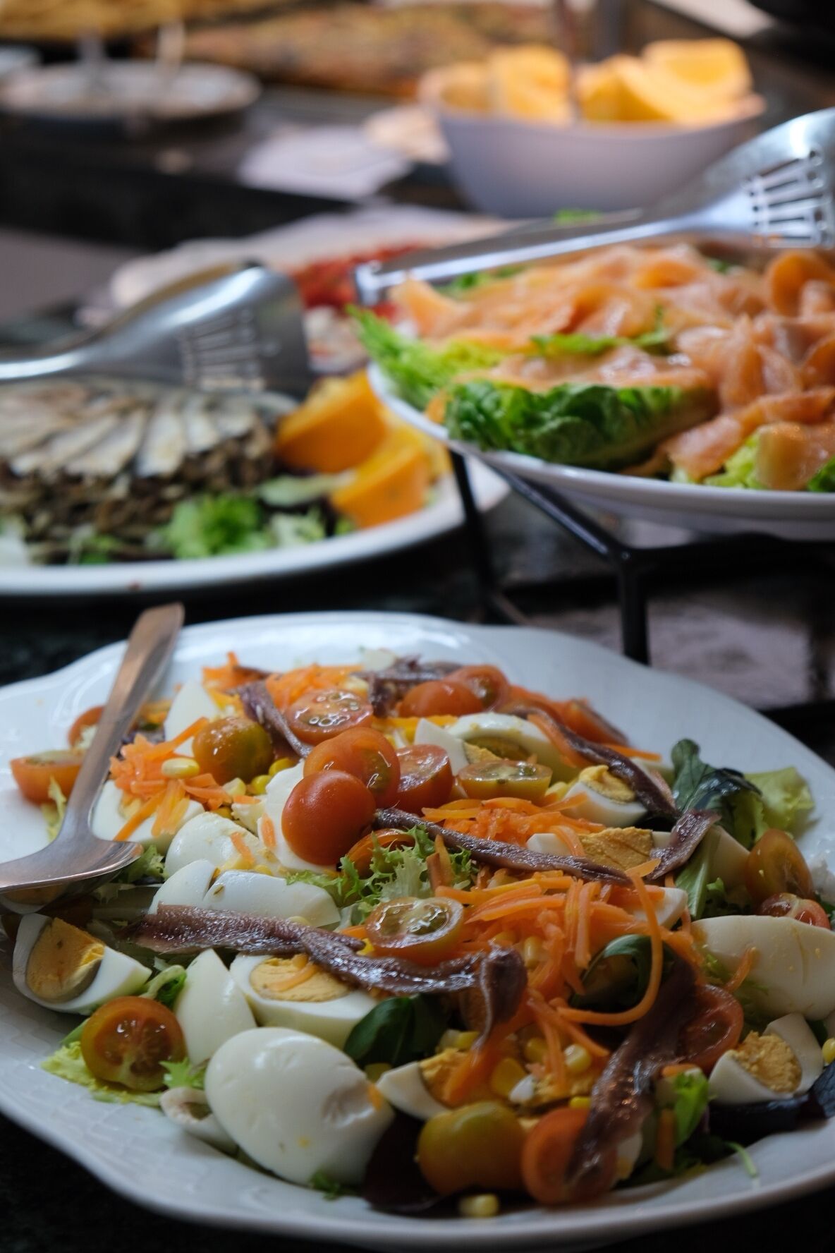 Une variété de plats présentés sur des assiettes, notamment des salades composées de légumes et d’œufs.