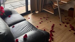 A room with a large window, a staircase, and a sofa with rose petals scattered on the floor. - Hotel Dorado Ferial (Bogotá)