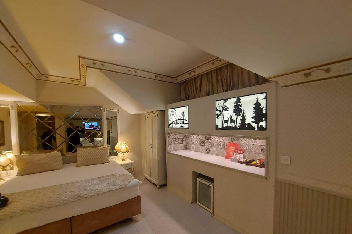 Een slaapkamer met een groot bed, een spiegel, een televisie en een open haard.