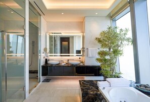 Penthouse | Bathroom | Separate tub and shower, deep soaking tub, free toiletries, hair dryer