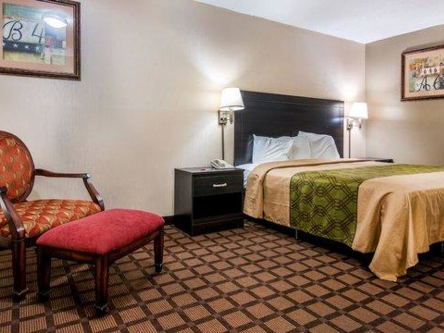 A hotel room with a bed, a chair, a nightstand, and a lamp.