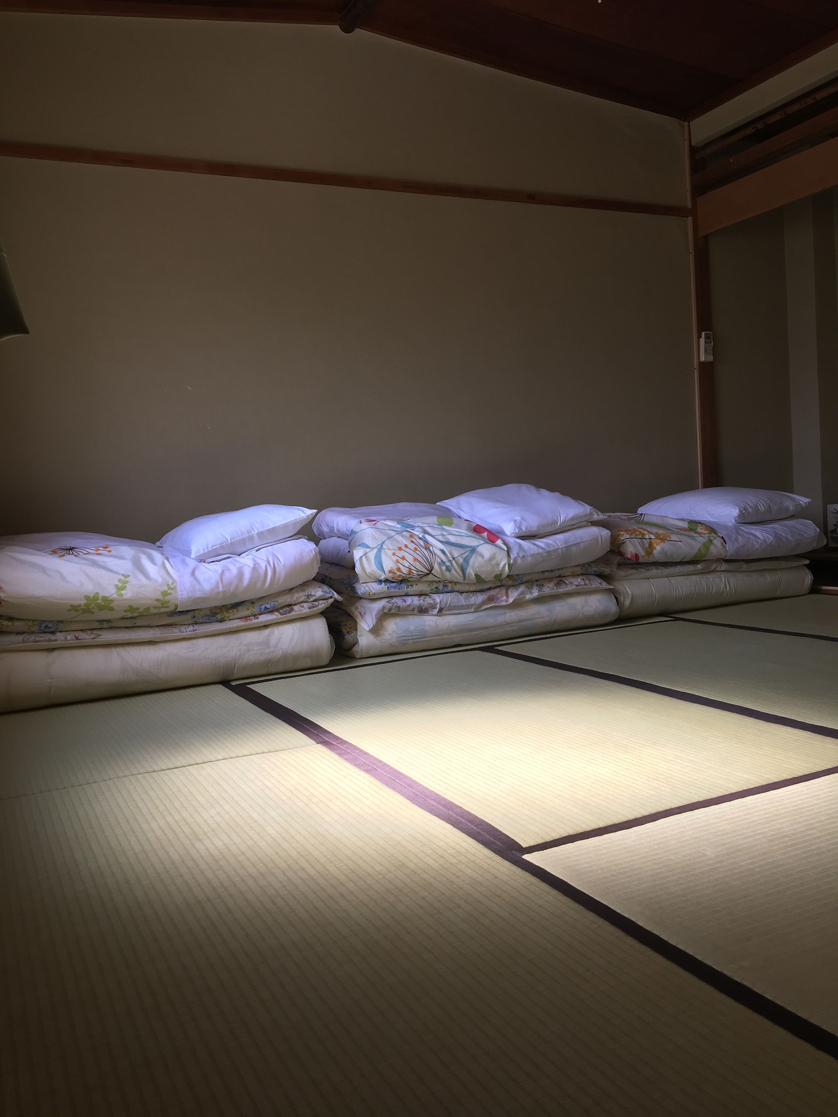 Una habitación con esteras de tatami, una cama y almohadillas.