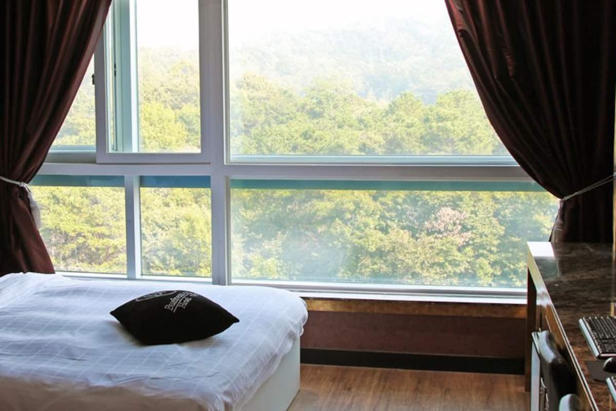 A bedroom with a large window, a bed with white bedding, and a desk with a computer.