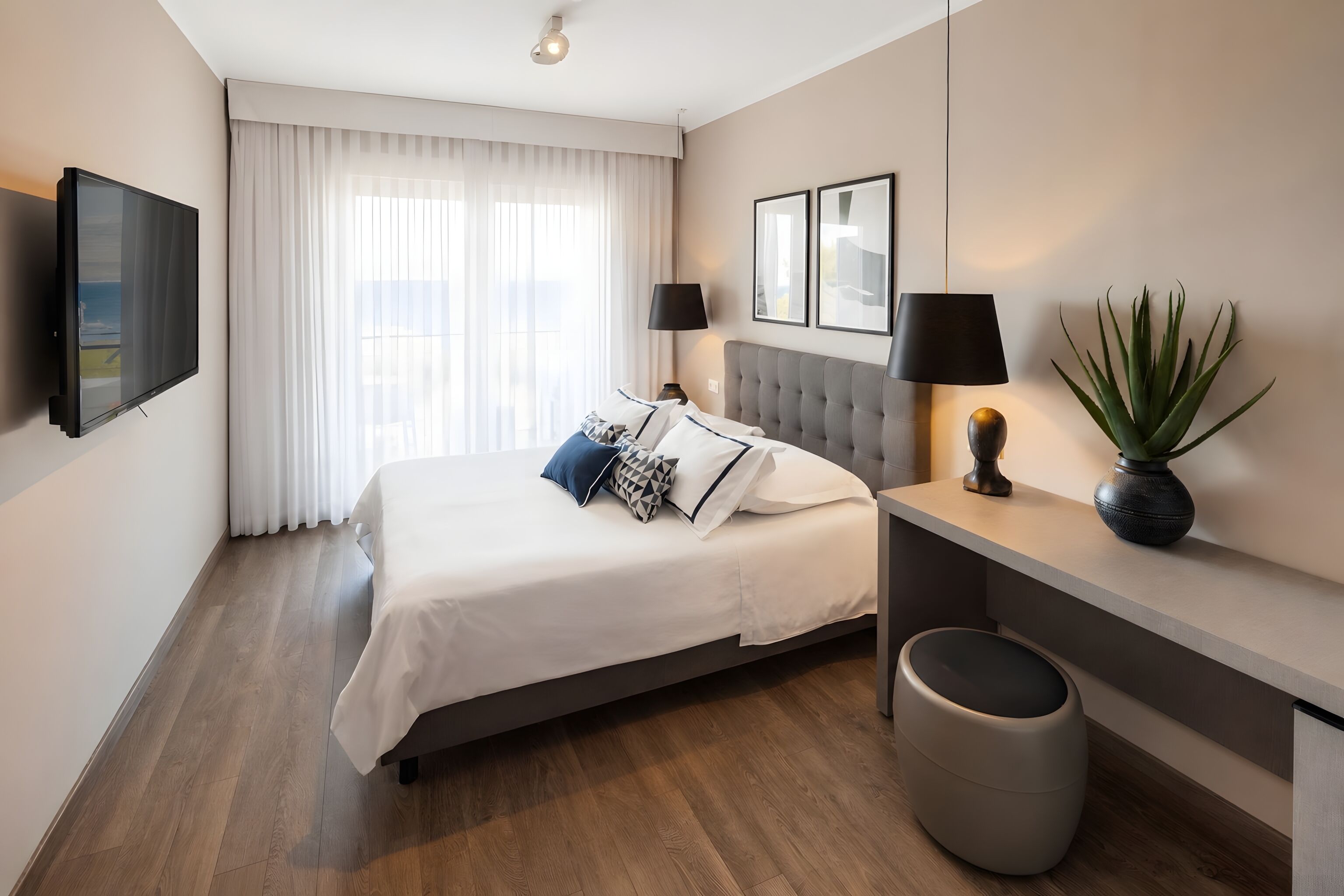 A hotel room with a bed, a desk, a TV, and a plant.
