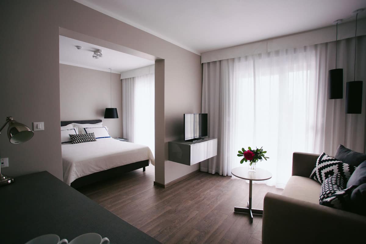 Habitación de hotel moderna con cama, televisor montado en la pared, sofá, una mesita redonda y una planta en maceta.