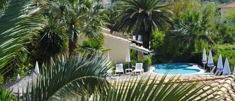 Kolam renang outdoor, dengan payung kolam renang dan kursi berjemur