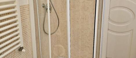 A shower with a glass door, a white sink, and a wooden floor.