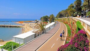 Un paseo marítimo con playa, palmeras y un camino pavimentado para peatones y ciclistas.