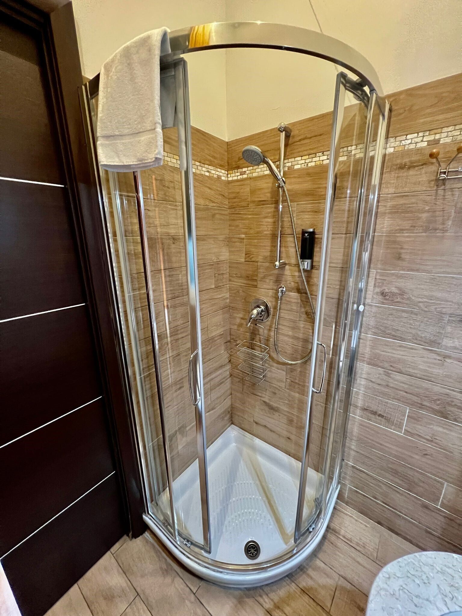 A glass-enclosed shower stall with a handheld showerhead and a wall-mounted faucet.
