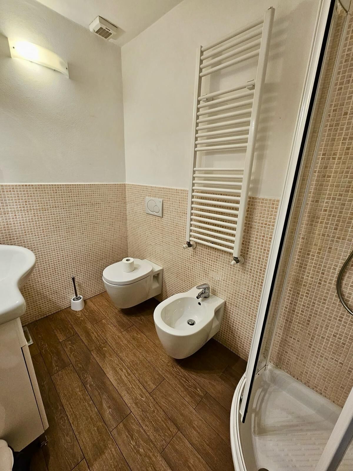 A bathroom with a toilet, bidet, and bidet seat, a shower with a glass door, and a towel rack.