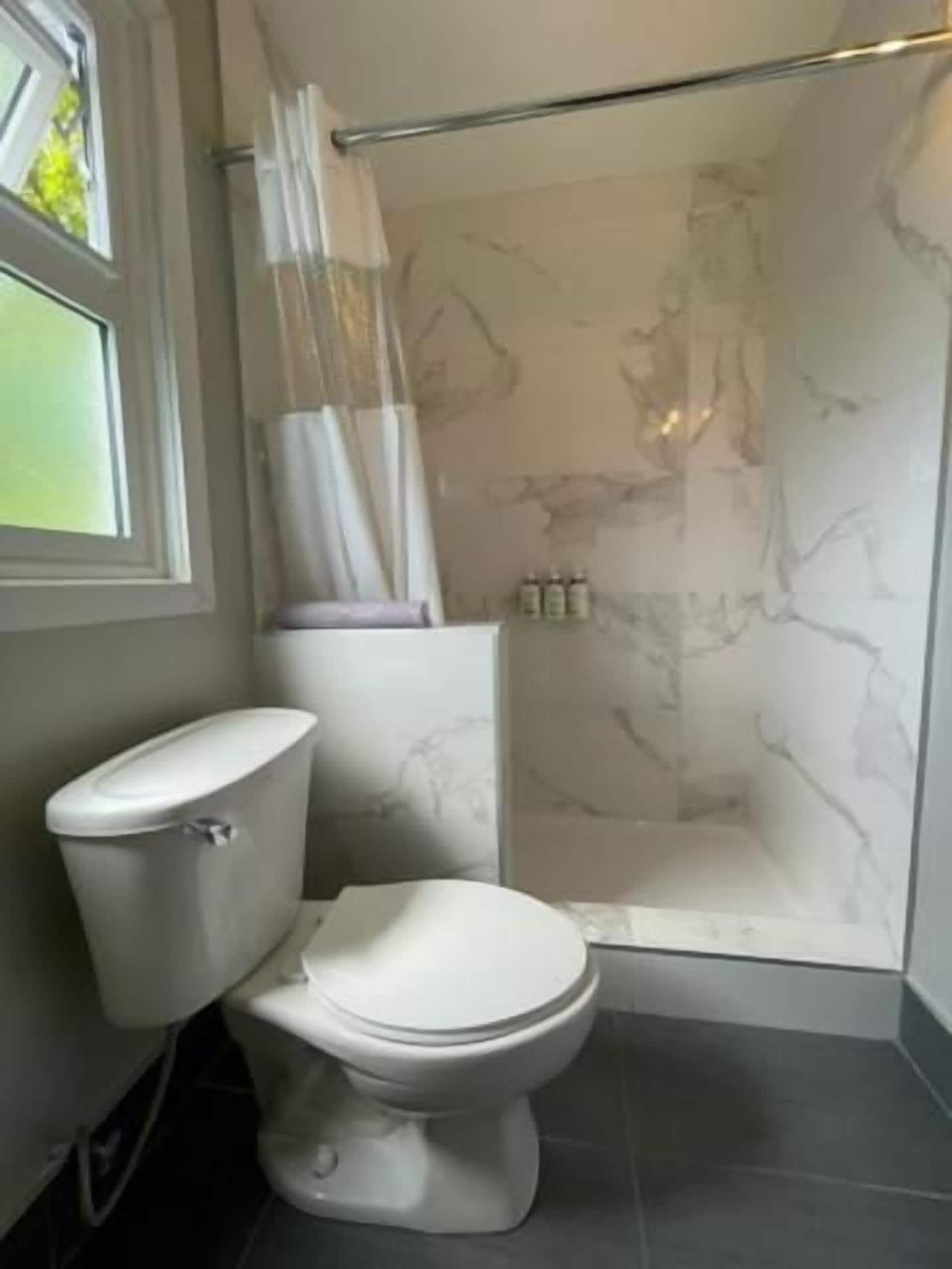 Un baño con inodoro, ducha con puerta de vidrio y paredes de mármol.