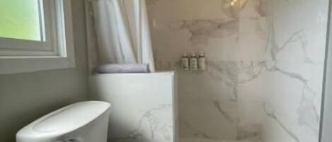 Un baño con inodoro, ducha con puerta de vidrio y paredes de mármol.