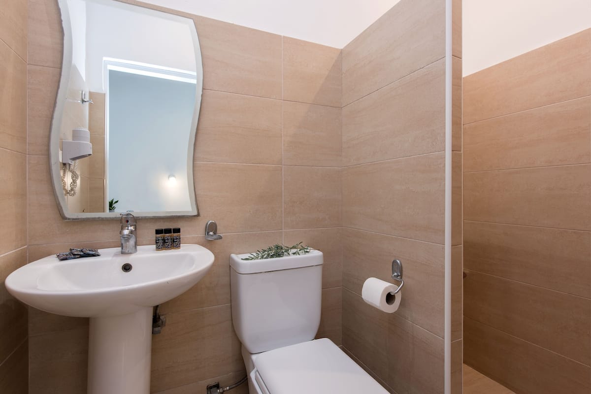 family quadruple room | bathroom | shower, hair dryer, towels, shampoo