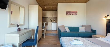 Un dormitorio con cama, escritorio, silla, sofá y una kitchenette al fondo.