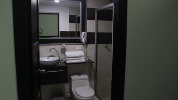Shower, free toiletries, hair dryer, towels