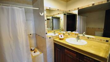 Combined shower/bathtub, towels