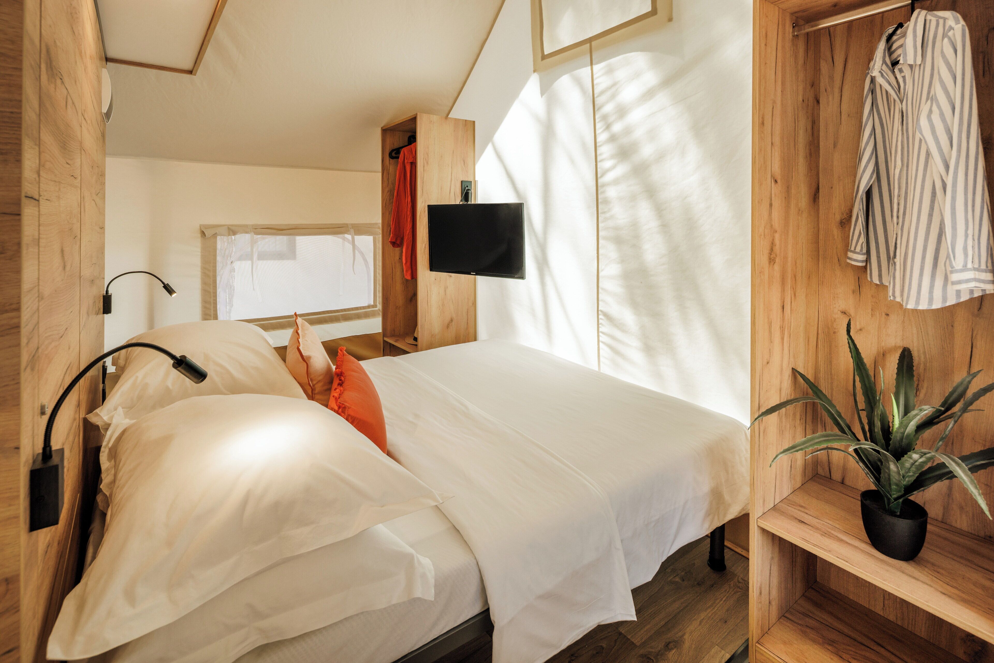 A bedroom with a bed, a TV, a plant, and a wooden wardrobe.