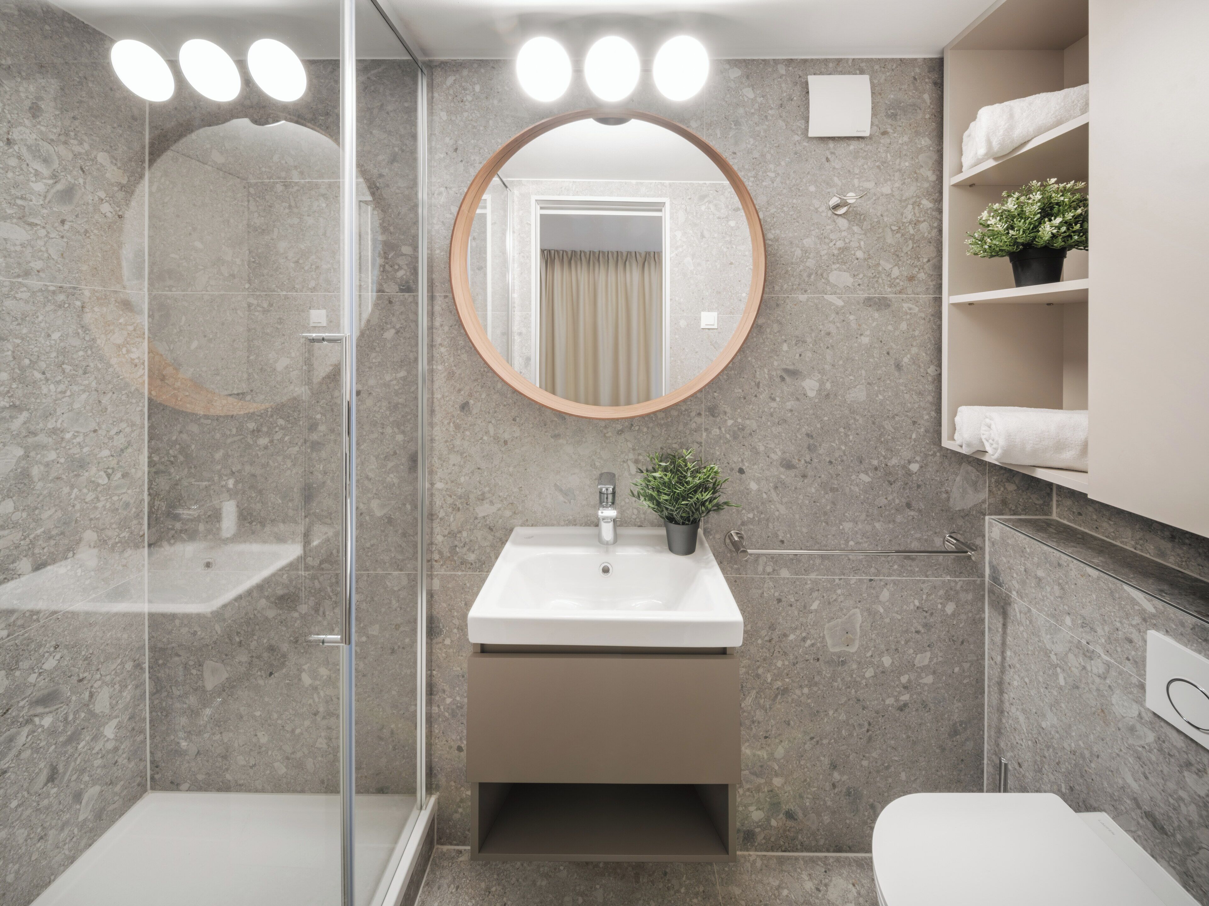 Une salle de bain moderne avec une douche à parois de verre, un miroir rond, un lavabo agrémenté d’une plante en pot et des toilettes.