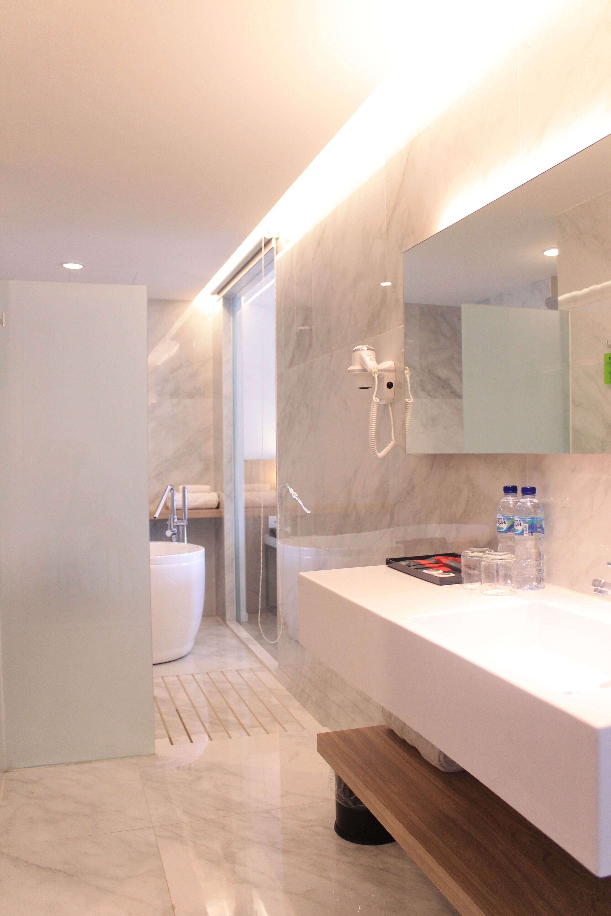 free toiletries, hair dryer, slippers, bidet