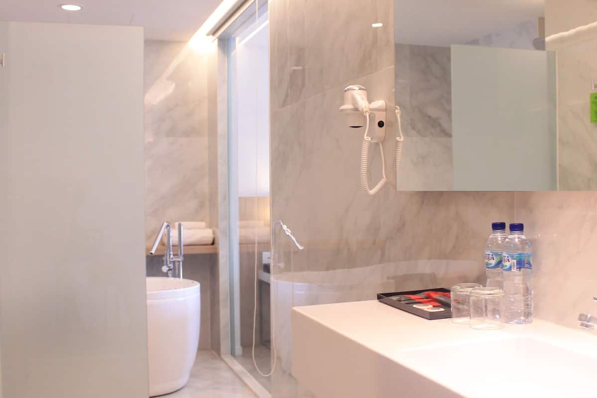 free toiletries, hair dryer, slippers, bidet