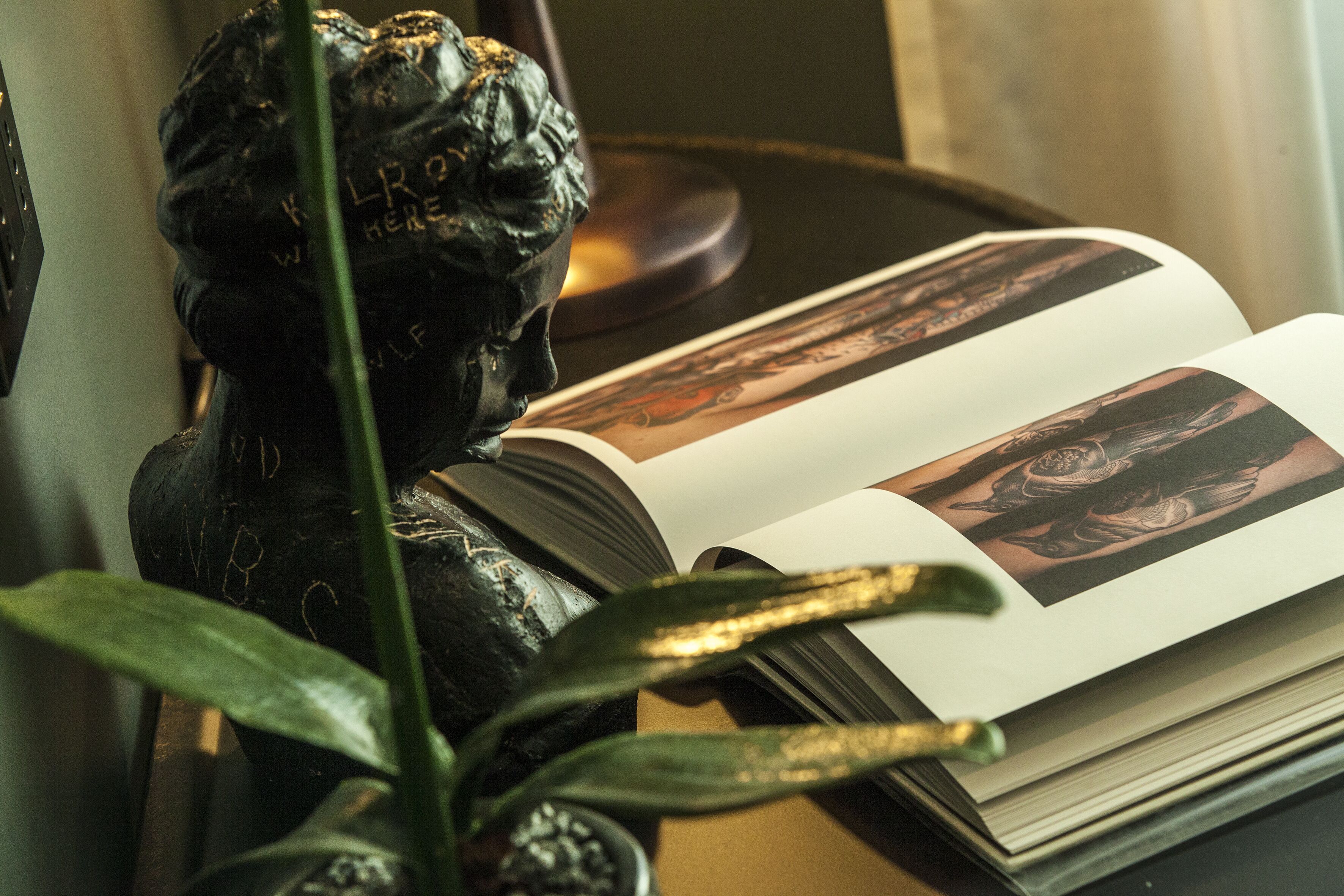 A statue of a lion, an open book with a photograph, and a plant.