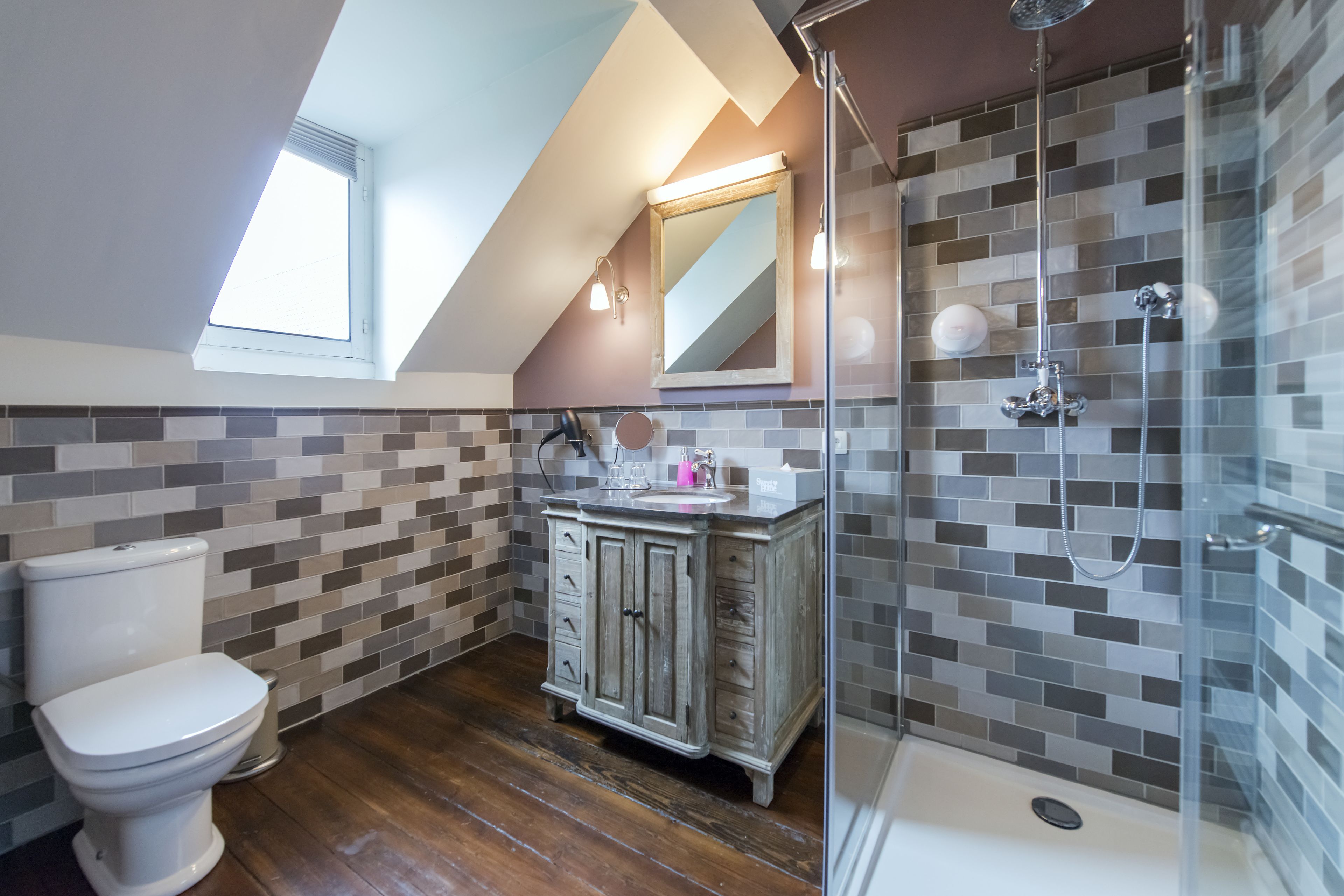 shower, rainfall showerhead, hair dryer, towels