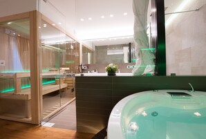 A modern bathroom with a glass-enclosed shower, a large bathtub, and a vanity with a mirror.