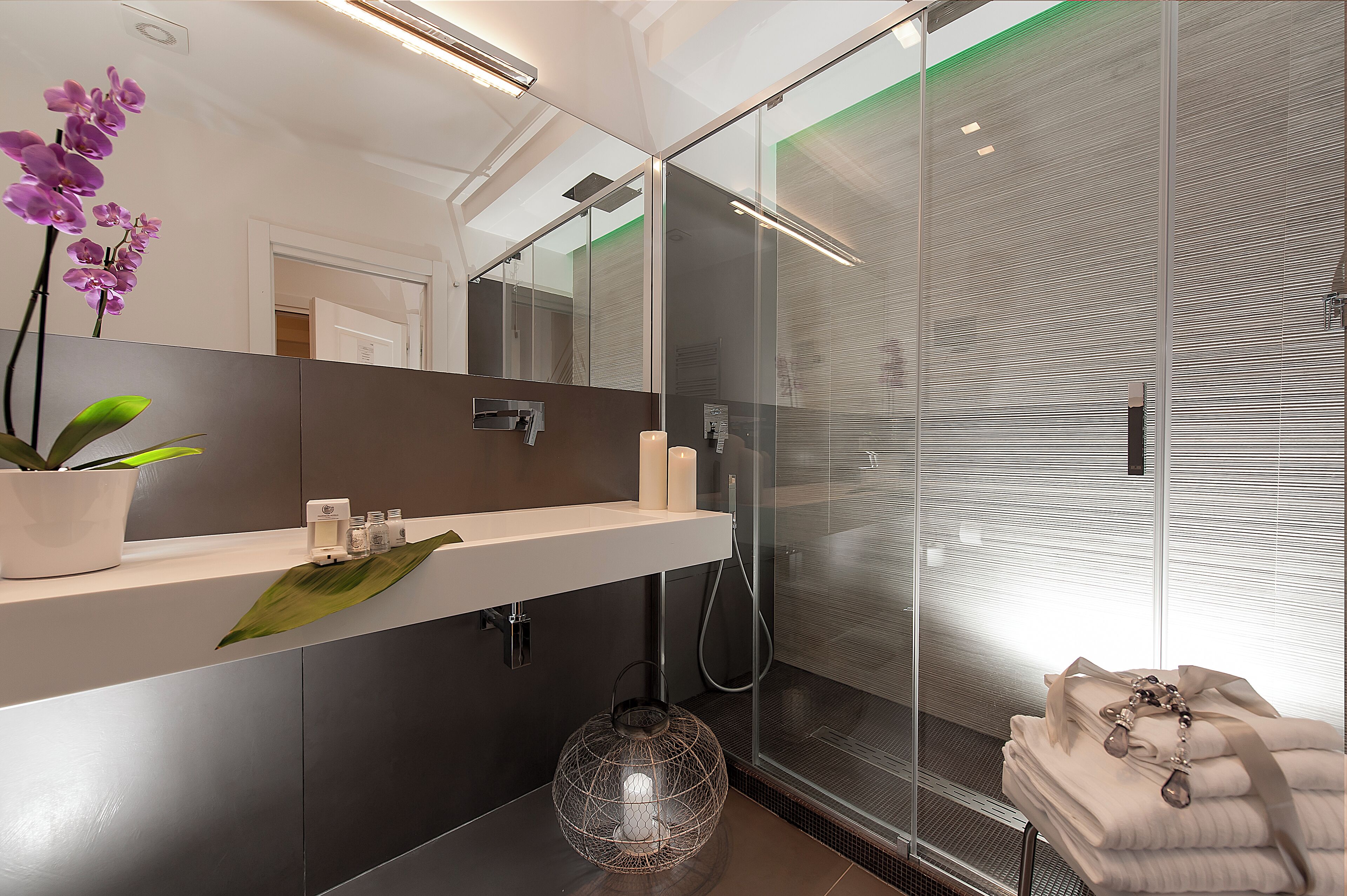 A modern bathroom with a glass shower enclosure, a white vanity with a mirror, and a potted orchid.