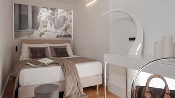 A modern bedroom with a bed, a bedside table, a mirror, and a wall-mounted artwork.