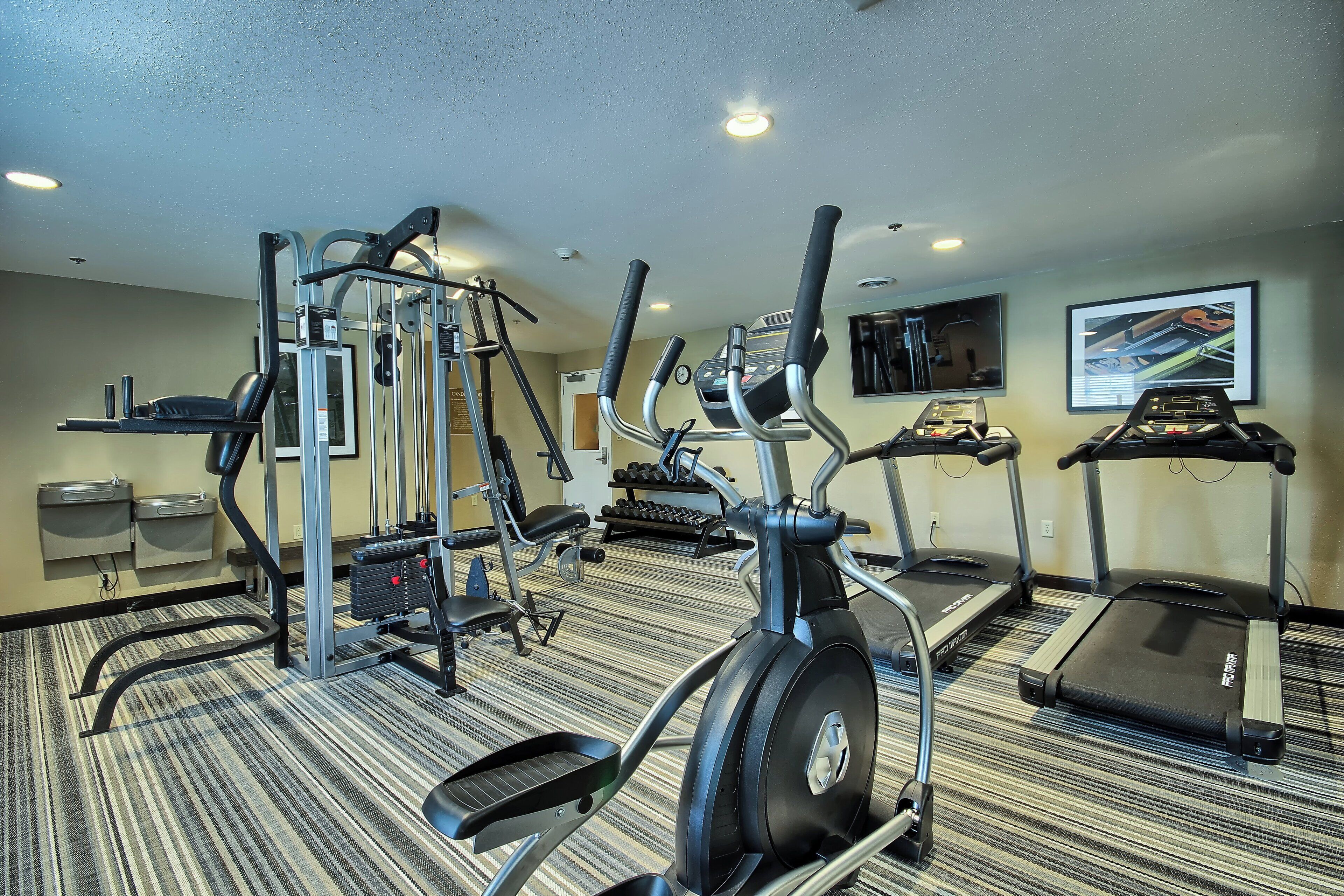 A gym with various exercise equipment including treadmills, a stationary bike, and weight machines.