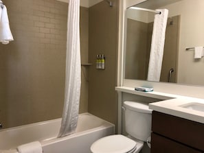 Une salle de bain avec une baignoire, des toilettes et un miroir.