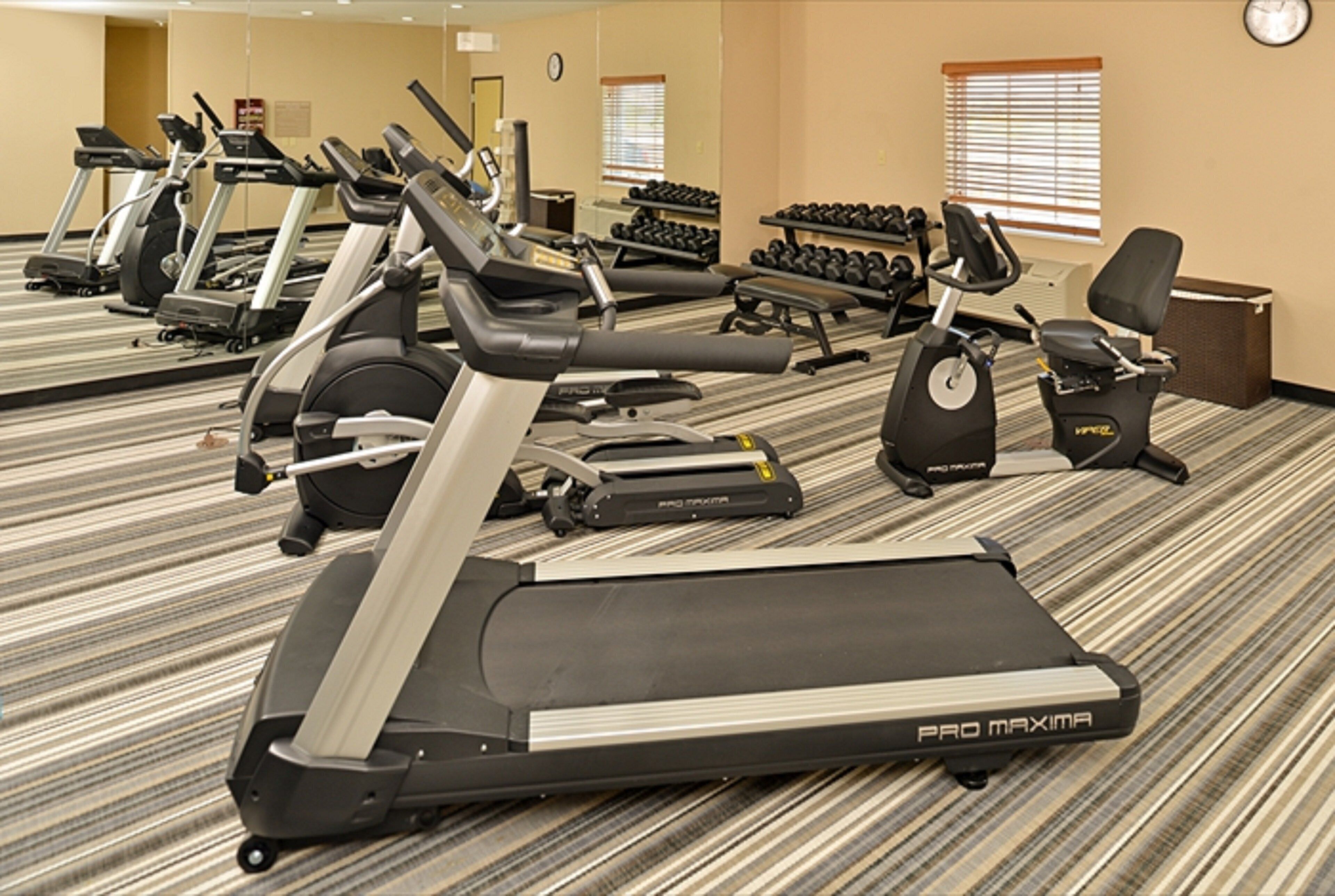 A gym with Pro Maxima treadmills, dumbbells, and exercise bikes.