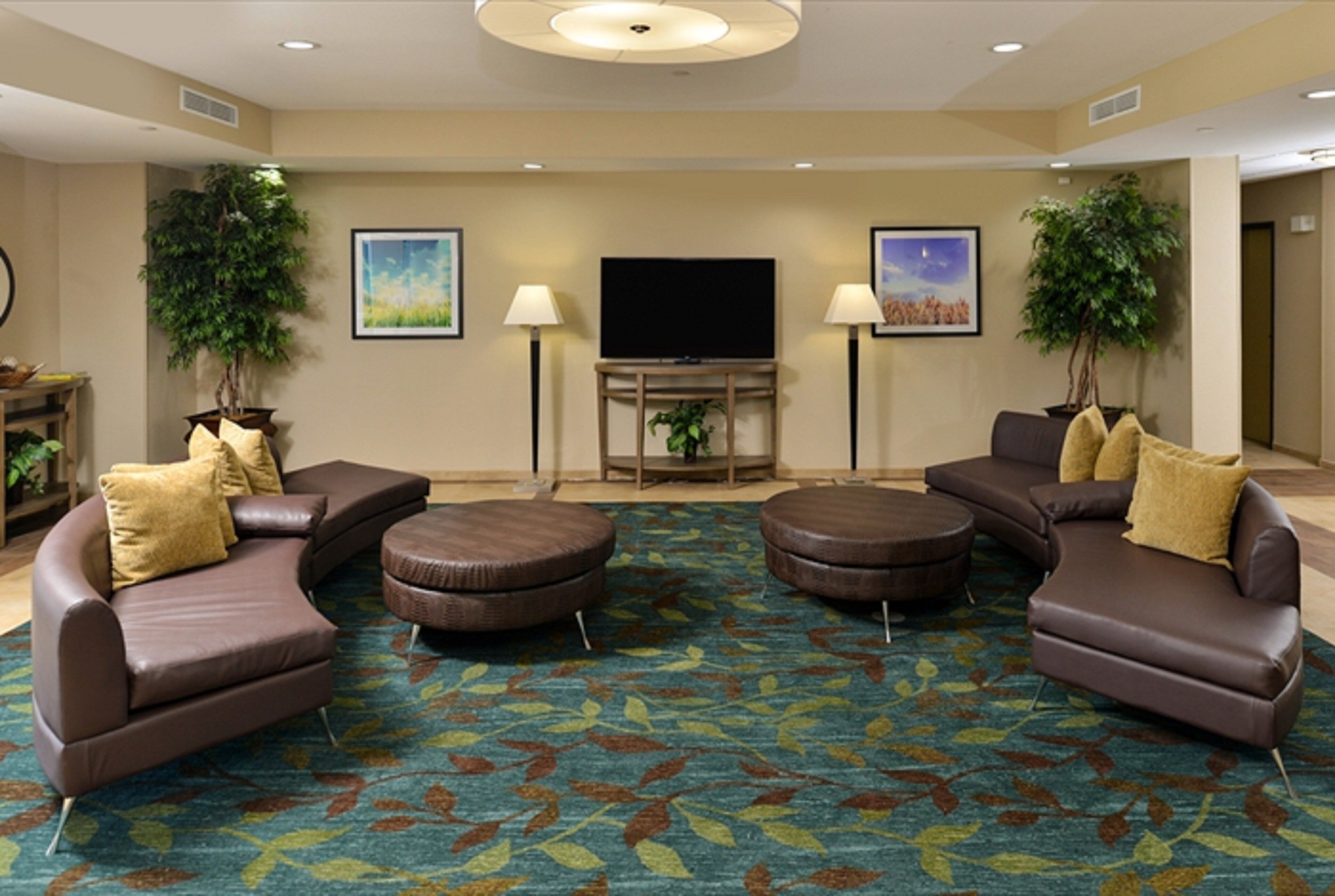 Un salón de hotel con un televisor de pantalla plana grande, dos sofás, una mesa de centro y dos plantas en macetas.